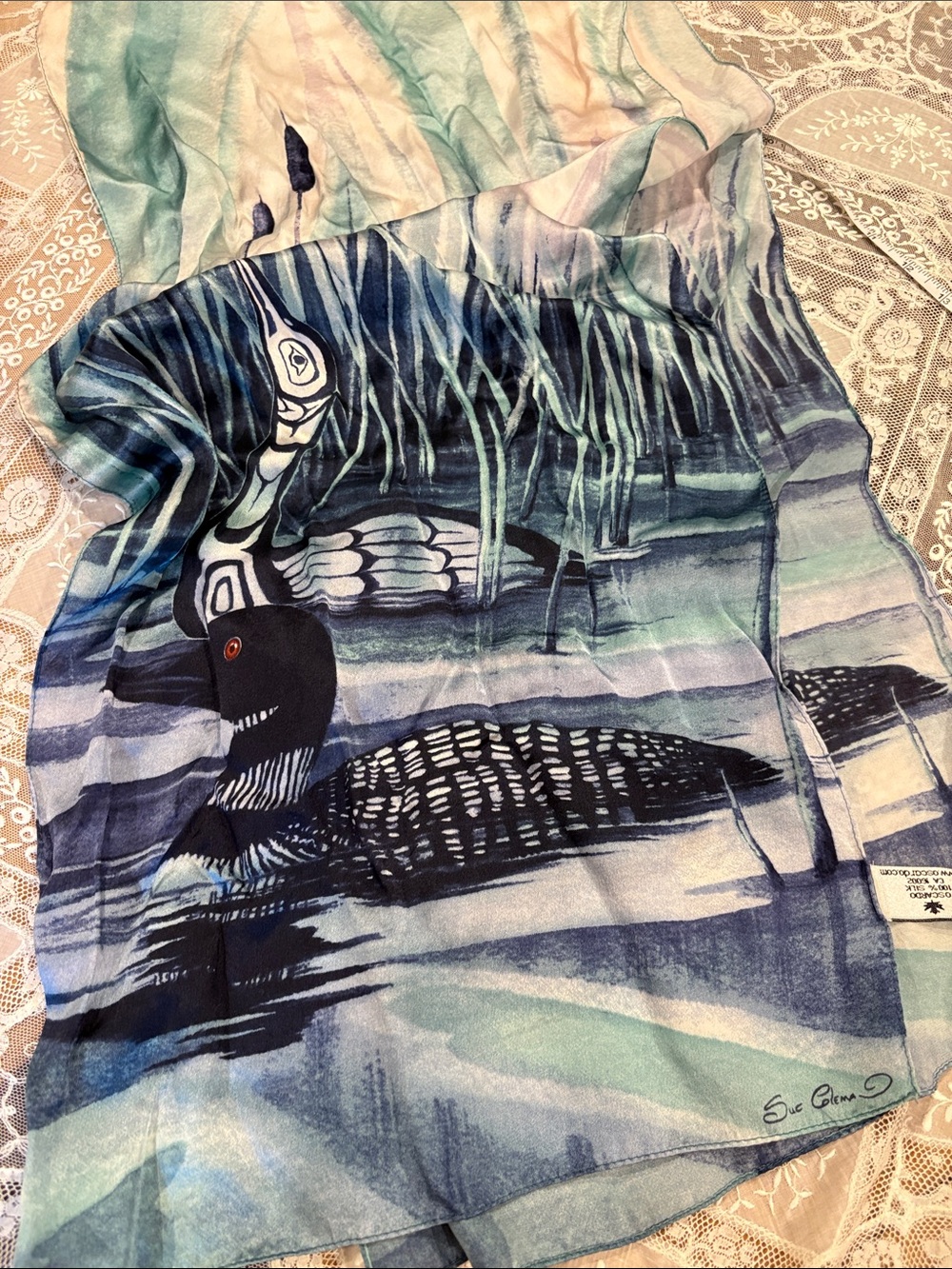 Loon Print Silk Scarf in Blue and Teal